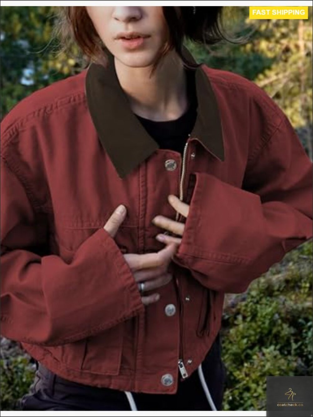 Cropped Utility Jacket Contrast Collar Casual Coat with Pockets - Picture 2 of 7